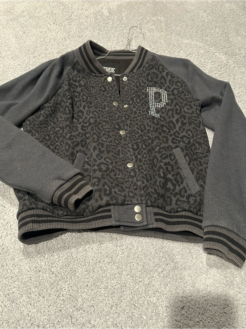 Women’s Victoria Secret Pink Black Grey Leopard varsity Jacket with Rhinestones